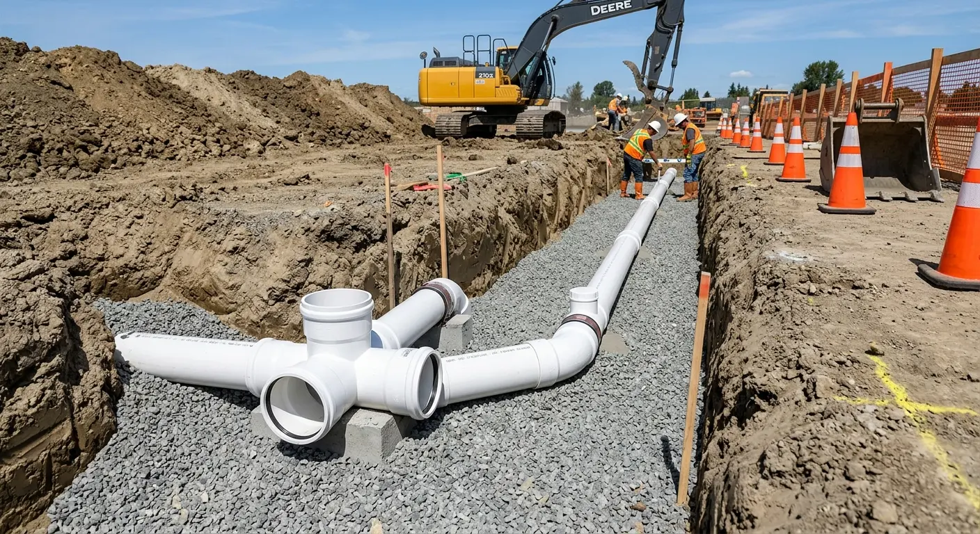 New PVC sewer pipe installation in open trench for Commercial Drain Cleaning in Chisago City
